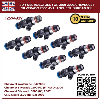 Set of 8 Fuel Injectors | Fits 2001–2006 Chevrolet Silverado, Avalanche & Suburban 8.1L V8