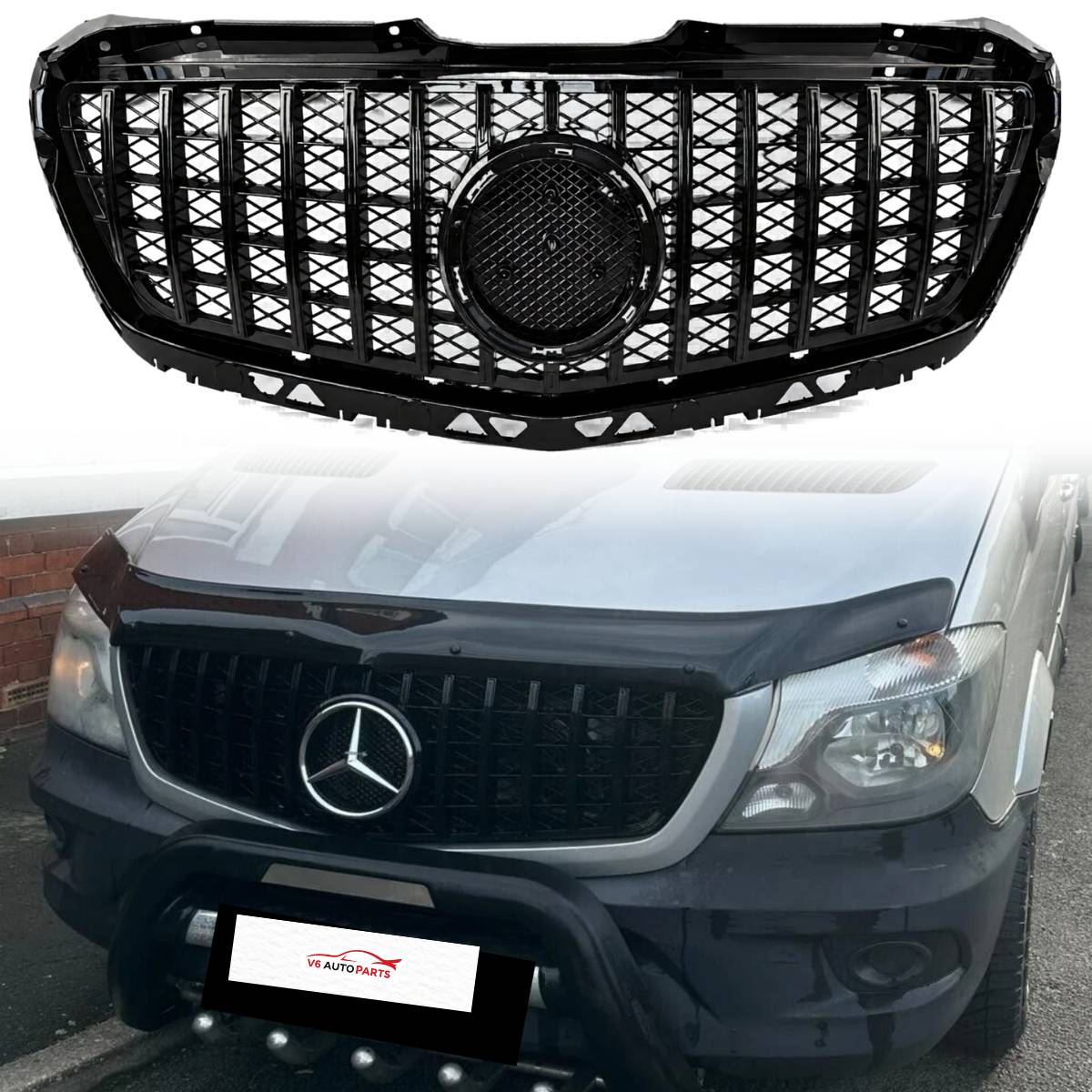 GT Panamericana Style Front Bumper Grille for Mercedes-Benz Sprinter 313 W906 (2013–2018 Facelift) – Gloss Black Radiator Grille Replacement