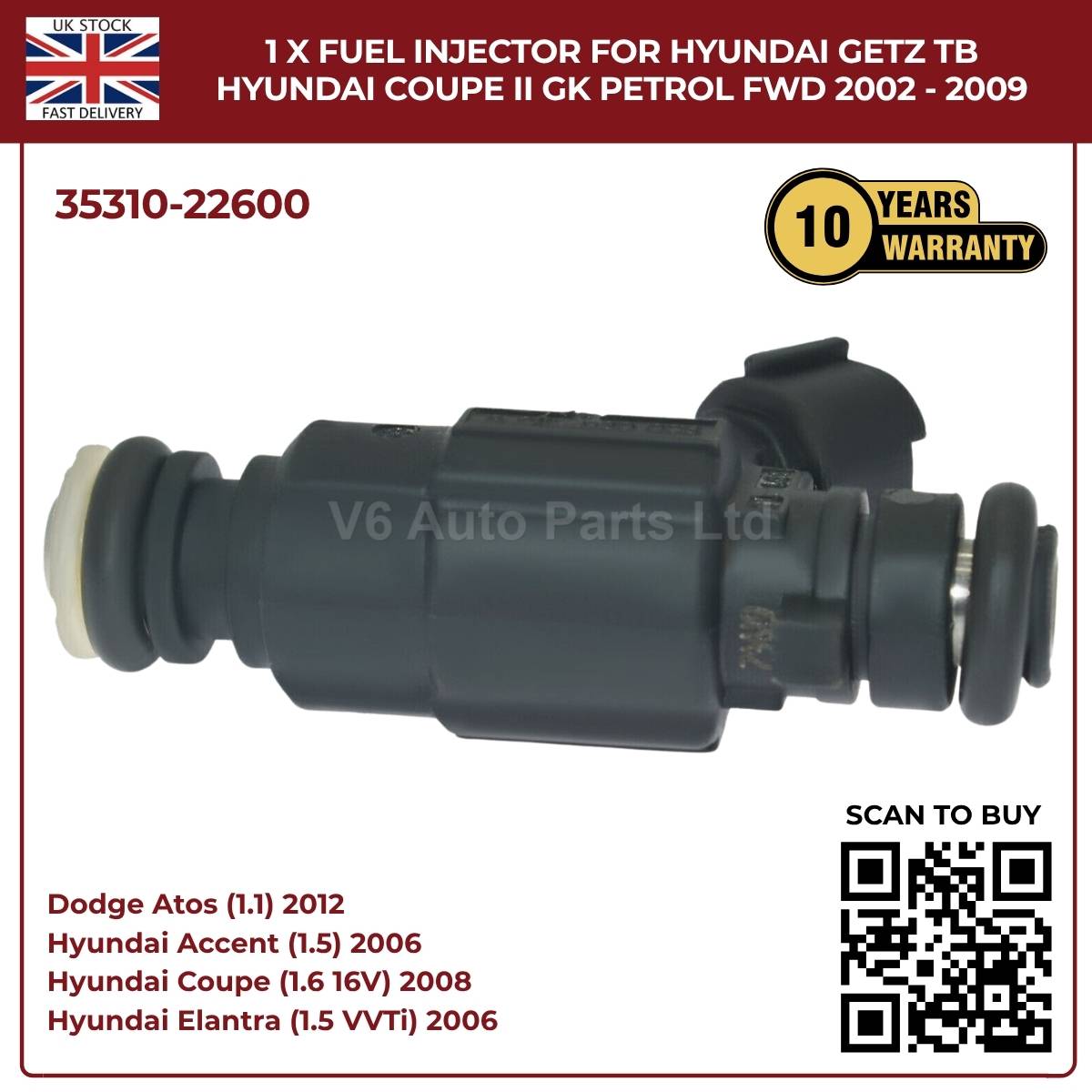 1 x Fuel Injector 35310‑22600 – Fits 2002‑2009 Hyundai Getz TB & Coupe II GK Petrol FWD