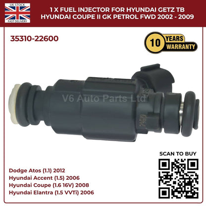1 x Fuel Injector 35310‑22600 – Fits 2002‑2009 Hyundai Getz TB & Coupe II GK Petrol FWD