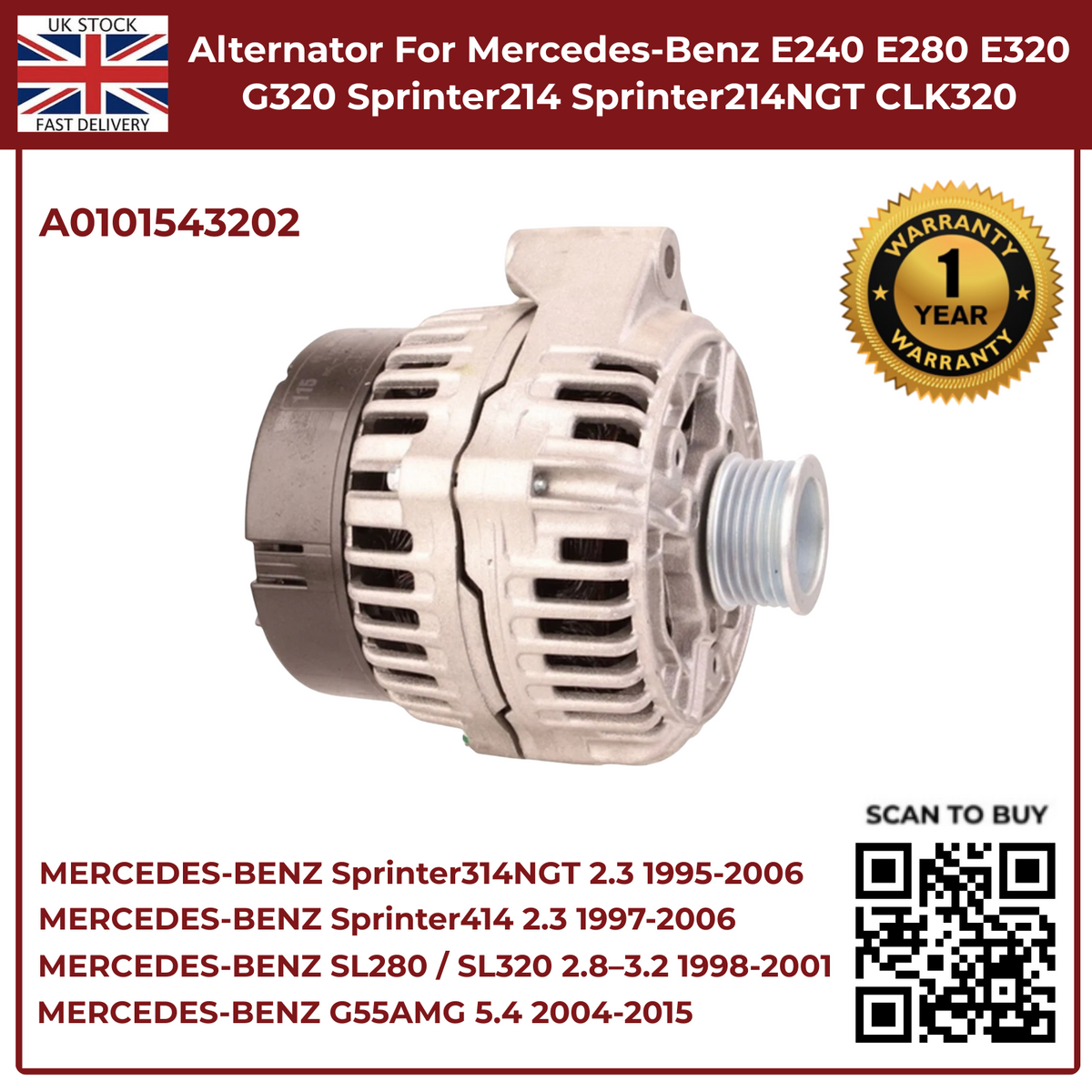 image of Mercedes-Benz E320 3.2L Petrol Alternator Replacement A0101543202