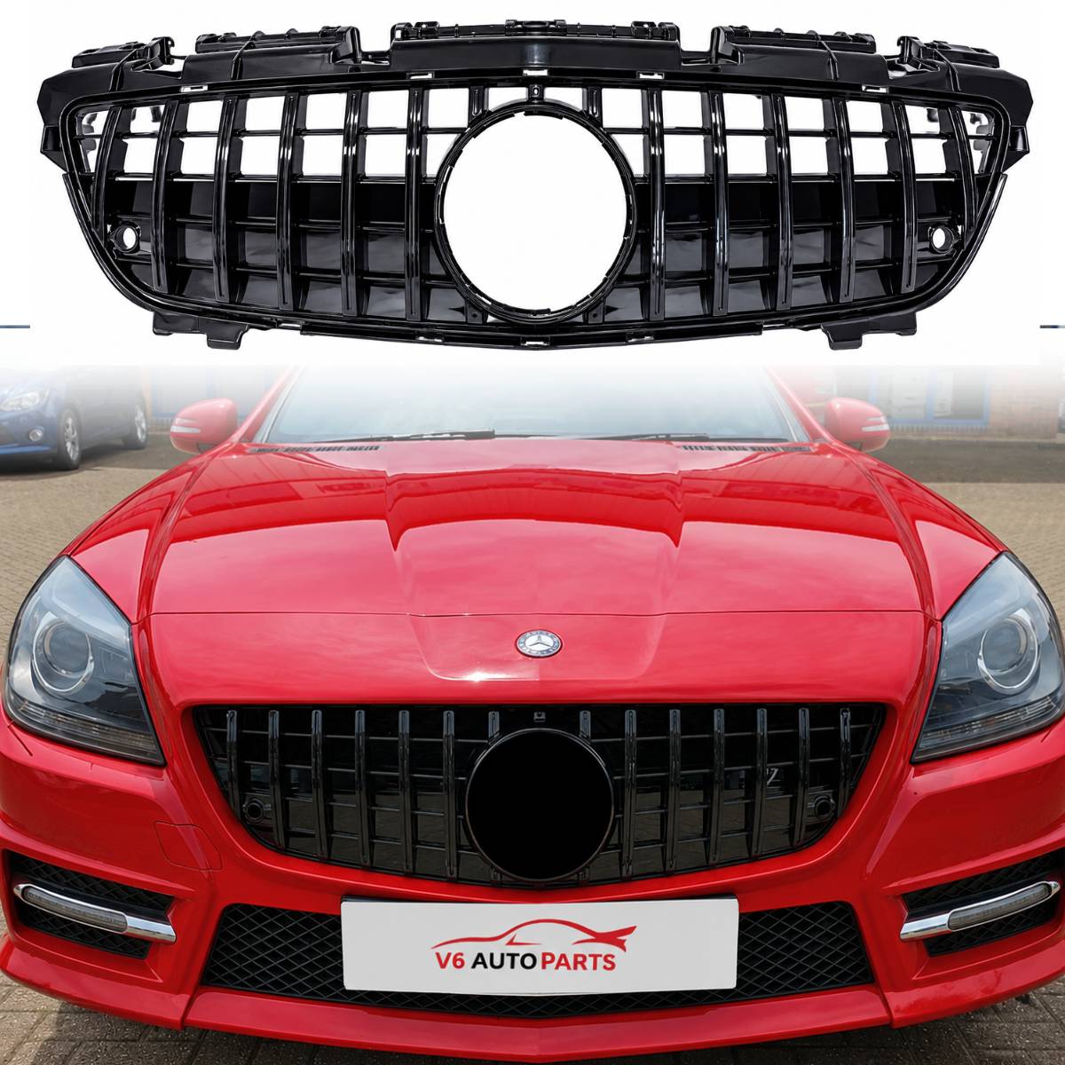 Front Black Panamericana GT-R Replacement Grille for Mercedes SLK-Class R172 (2011-2016) AMG Style, Distronic Compatible