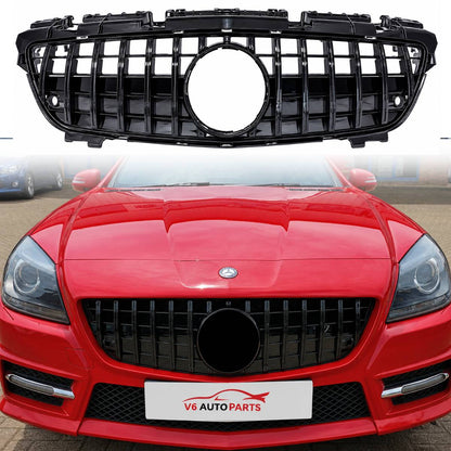 Front Black Panamericana GT-R Replacement Grille for Mercedes SLK-Class R172 (2011-2016) AMG Style, Distronic Compatible