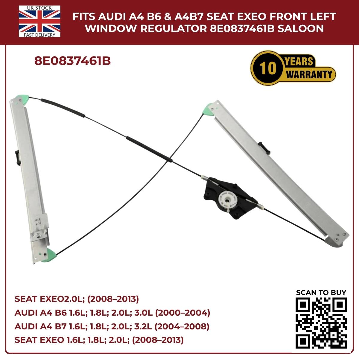 Audi A4 B6/B7 Front Left Window Regulator 2000–2008 | OEM 8E0837461B