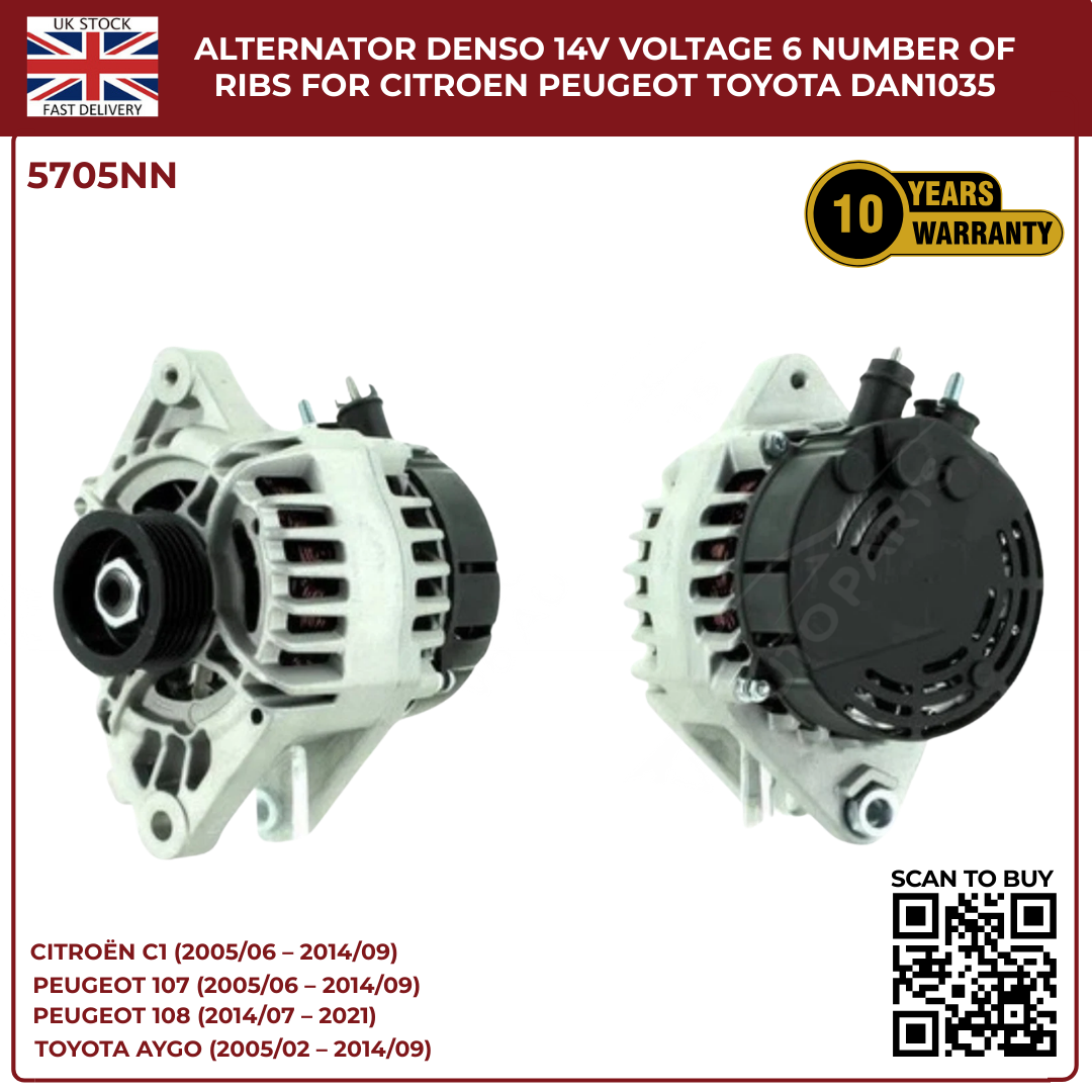 Alternator 14V 70A – 6 Rib Pulley – Citroën C1, Peugeot 107/108, Toyota Aygo – DAN1035