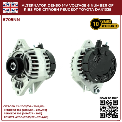 Alternator 14V 70A – 6 Rib Pulley – Citroën C1, Peugeot 107/108, Toyota Aygo – DAN1035