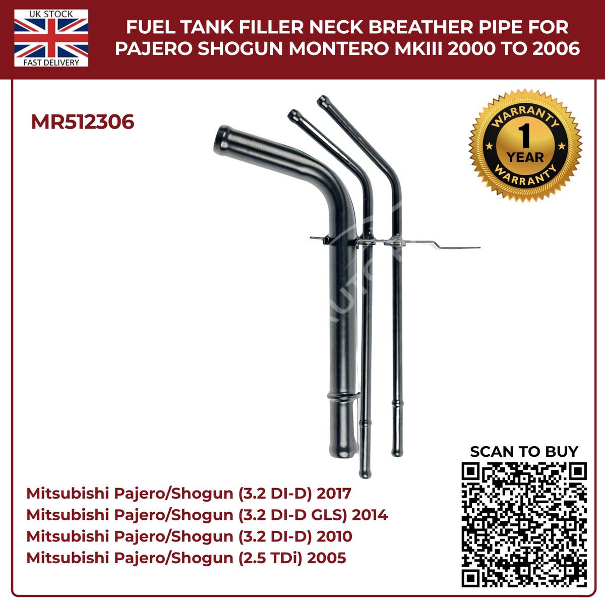 Fuel Tank Filler Neck Breather Pipe MR512306 For Mitsubishi Pajero Shogun Montero MK3 (2000–2006 Diesel)