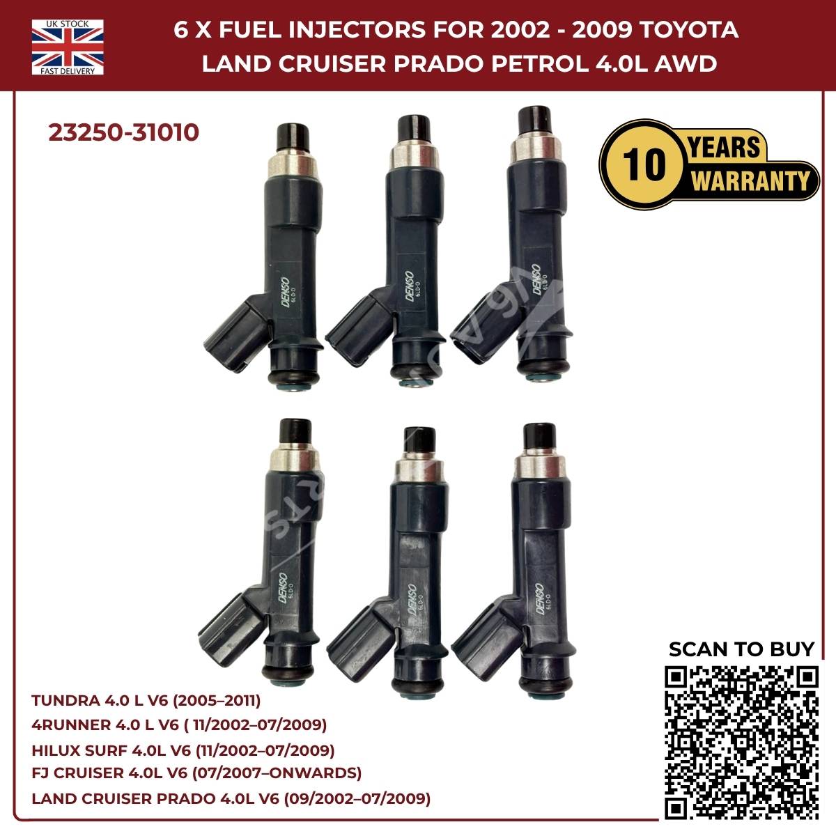 6x Fuel Injector Set 23250-31010 – Fits 2002–2009 Toyota Hilux Surf 4.0L V6 Petrol AWD/RWD