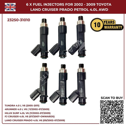 6x Fuel Injector Set 23250-31010 – Fits 2002–2009 Toyota Hilux Surf 4.0L V6 Petrol AWD/RWD