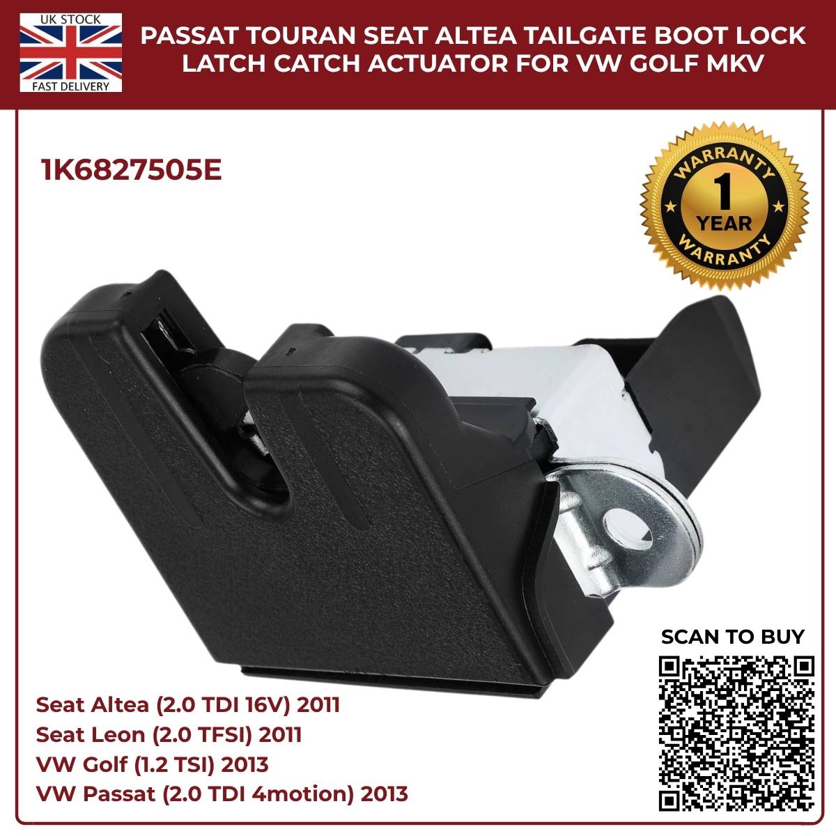 Tailgate Boot Lock Latch Catch Actuator – Fits VW Golf Mk5 Mk6, Passat, Touran, Seat Altea Leon Toledo