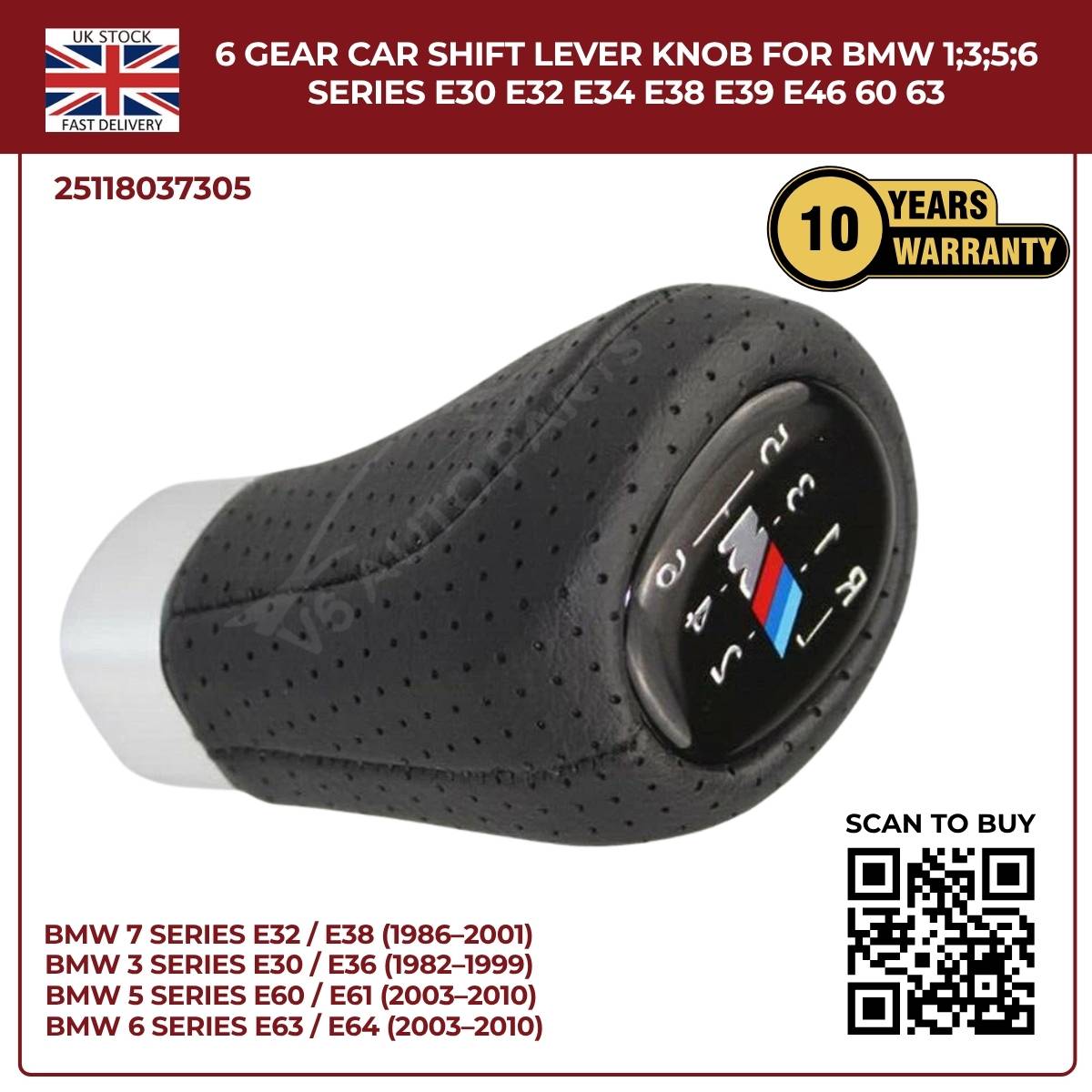 BMW 1 3 5 6 Series 6‑Speed Gear Shift Knob – Leather Top, ABS – Fits E30 E32 E34 E38 E39 E46 E53 E60 E63