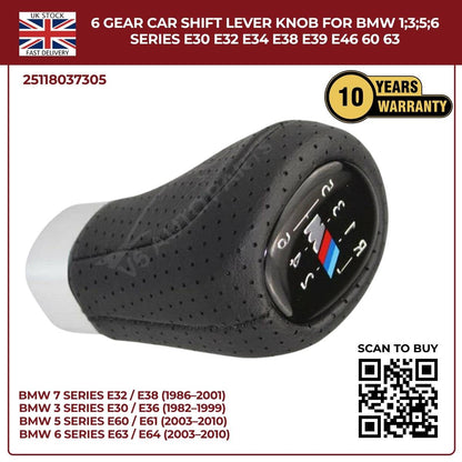 BMW 1 3 5 6 Series 6‑Speed Gear Shift Knob – Leather Top, ABS – Fits E30 E32 E34 E38 E39 E46 E53 E60 E63