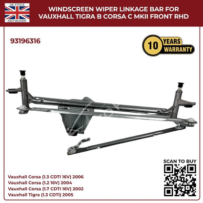 Front Windscreen Wiper Linkage Mechanism Arm for Vauxhall Corsa C Mk2 2000–2006 (Front Wiper Linkage 93196316)