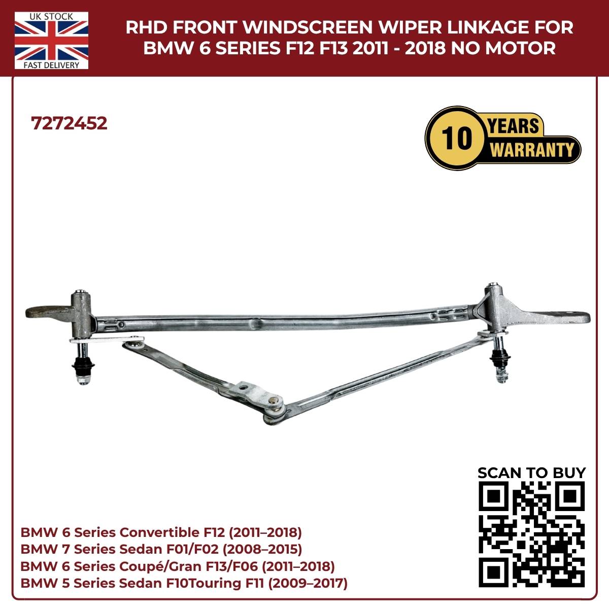 BMW RHD Front Wiper Linkage Assembly – Fits 2009‑2017 5 Series F10/F11 & 6 Series – Part No. 7272452
