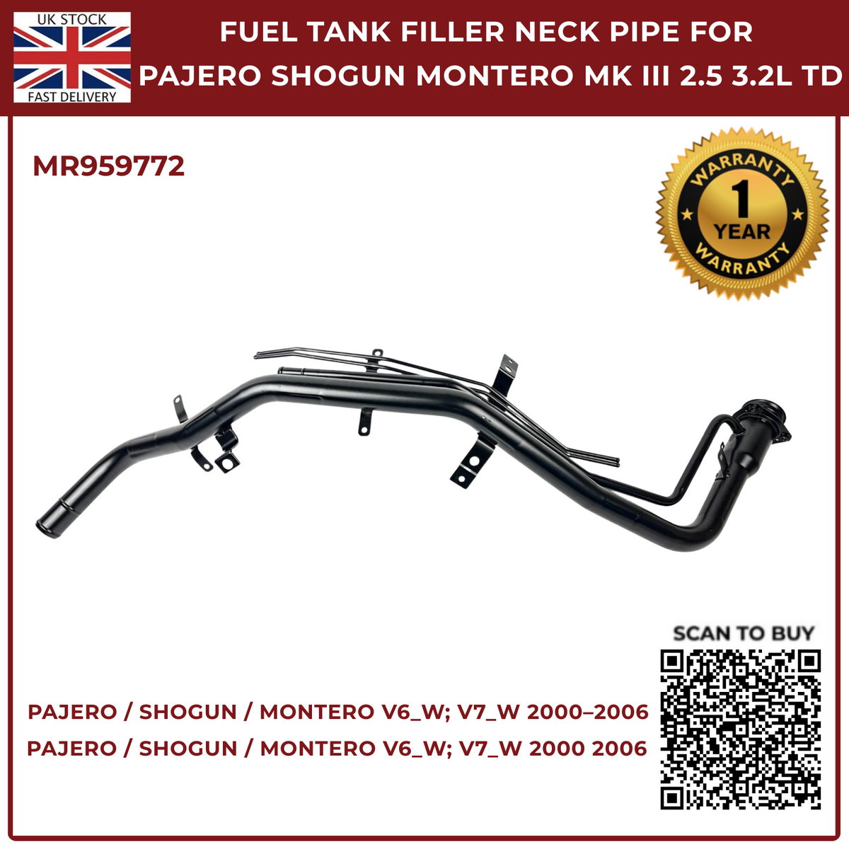 Fuel Tank Filler Neck Pipe MR959772 for Mitsubishi Pajero Shogun Montero Mk3 2000–2006 TD
