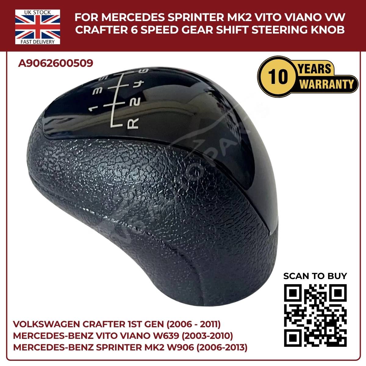 Black Leather 6‑Speed Gear Shift Knob – Fits Mercedes Sprinter MK2 W906 (2006‑2013, 3.5T / 4.5T)