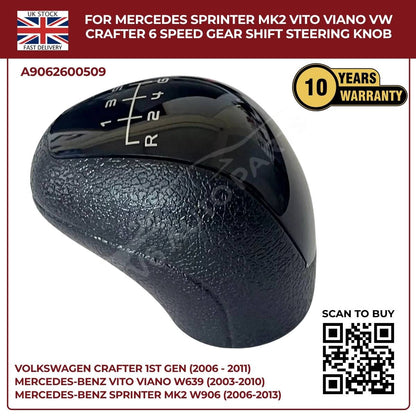 Black Leather 6‑Speed Gear Shift Knob – Fits Mercedes Sprinter MK2 W906 (2006‑2013, 3.5T / 4.5T)