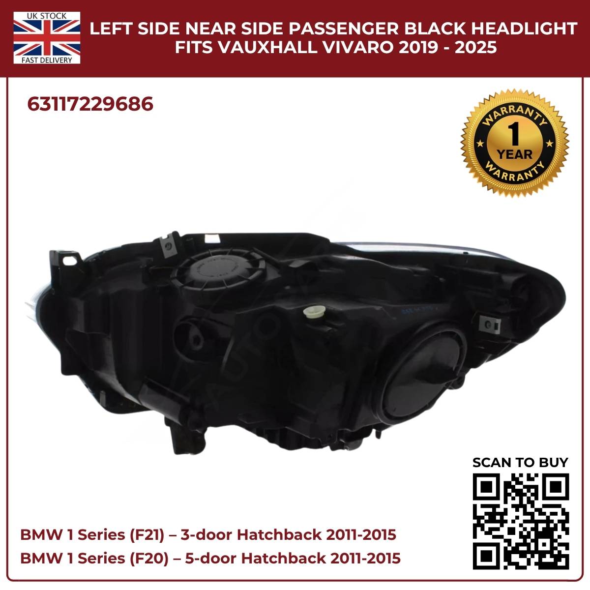 For BMW 1 Series F20/F21 Halogen Headlight – Right Side | 2011‑2015 RHD | Black Inner Housing | 63117229686