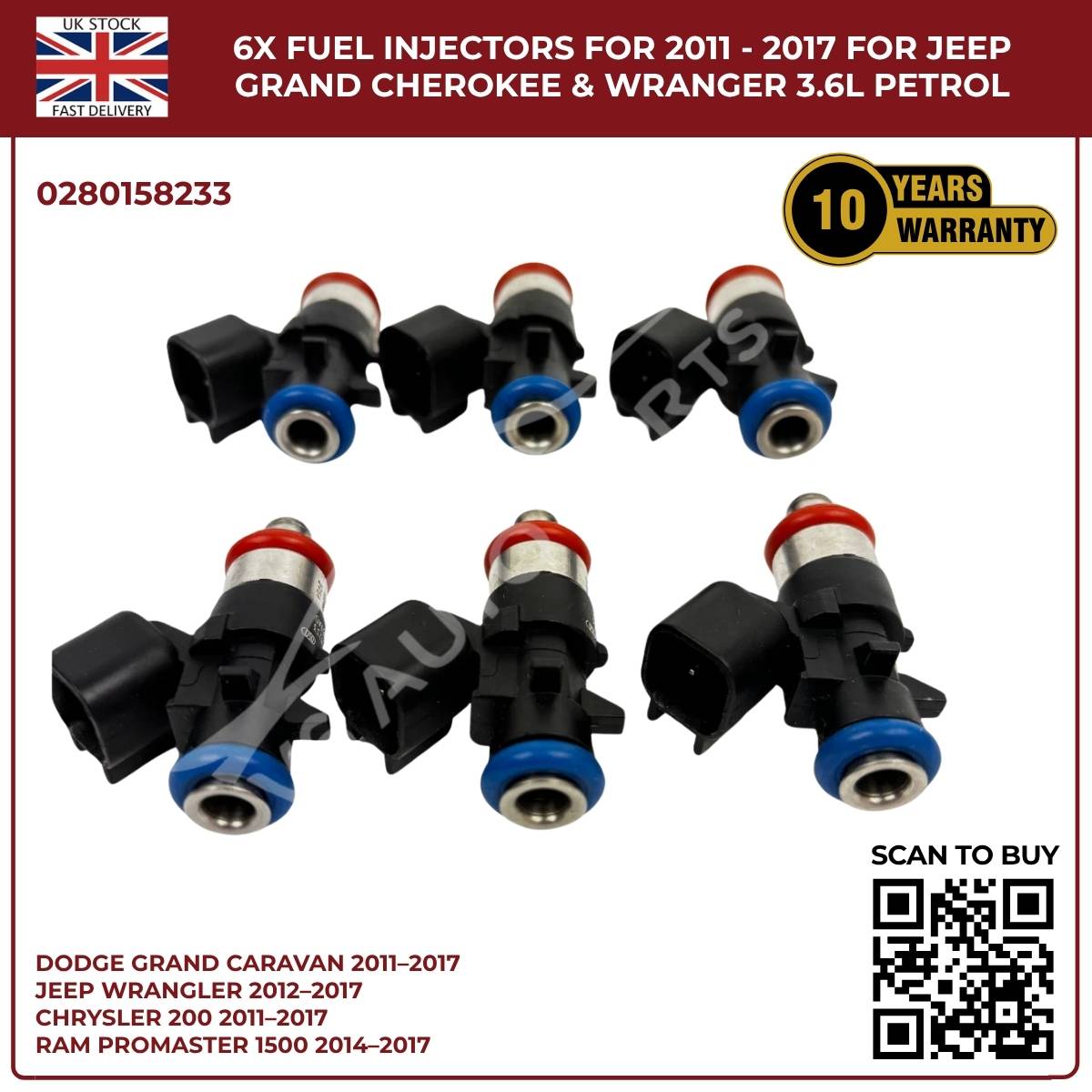 6× Fuel Injectors (0280158233) – Fits Chrysler 200, 300, Town & Country 3.6L V6 Pentastar (2011–2017)