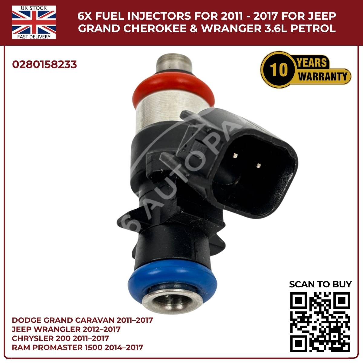 6× Fuel Injectors (0280158233) – Fits Chrysler 200, 300, Town & Country 3.6L V6 Pentastar (2011–2017)