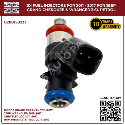 6× Fuel Injectors (0280158233) – Fits Chrysler 200, 300, Town & Country 3.6L V6 Pentastar (2011–2017)