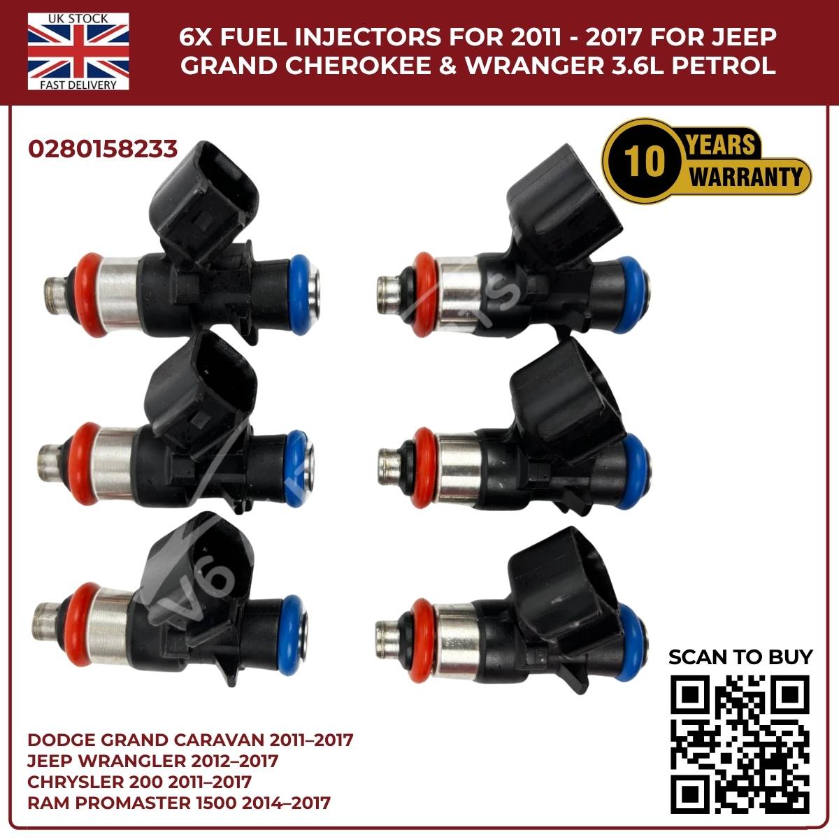 6× Fuel Injectors (0280158233) – Fits Chrysler 200, 300, Town & Country 3.6L V6 Pentastar (2011–2017)