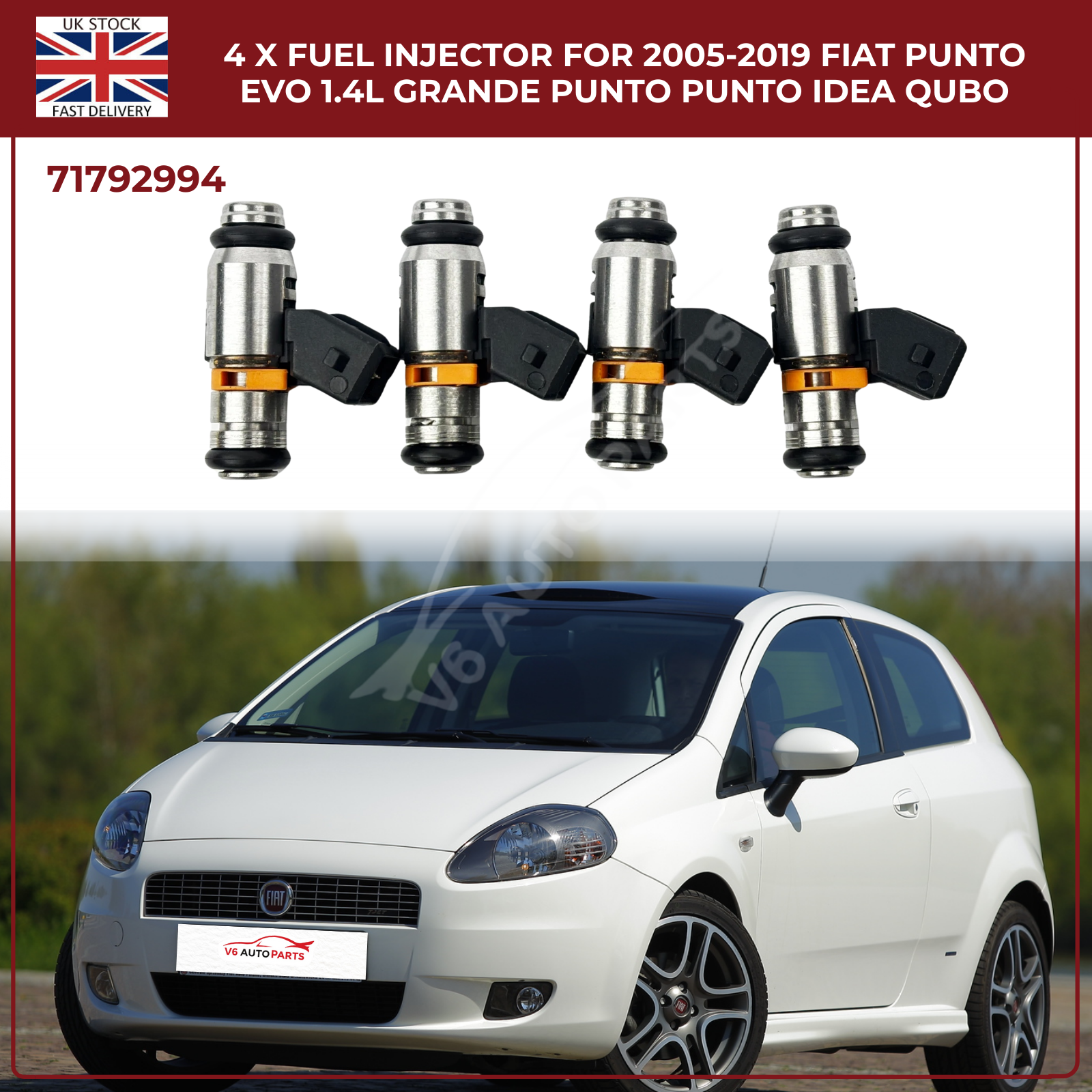 4x Fuel Injectors – Fits Ford Ka 1.2 (2009‑2019) & Fiat Punto Evo 1.4 Petrol – OEM 71792994