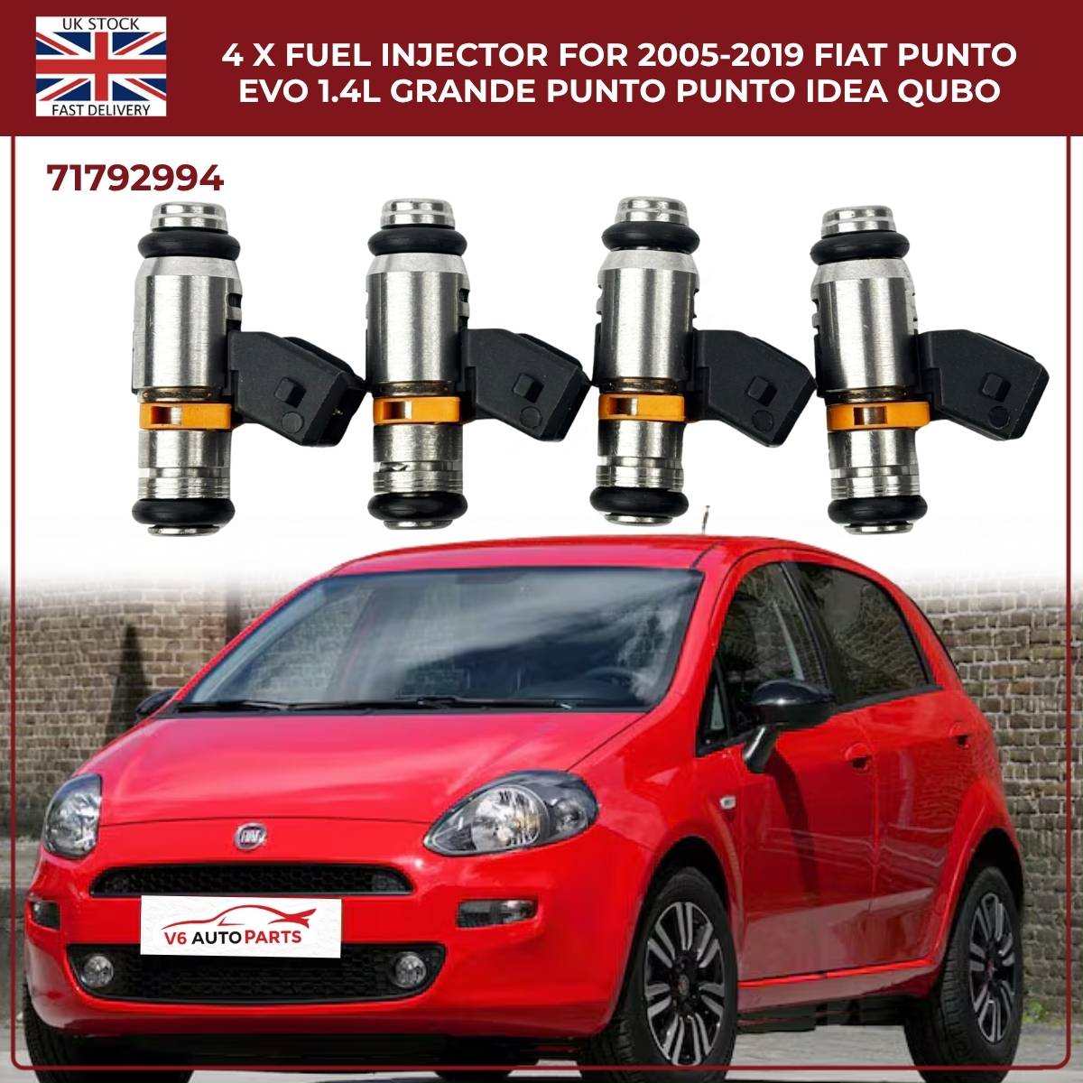 4x Fuel Injectors – Fits Ford Ka 1.2 (2009‑2019) & Fiat Punto Evo 1.4 Petrol – OEM 71792994