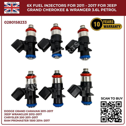 6× Fuel Injectors (0280158233) – Fits Chrysler 200, 300, Town & Country 3.6L V6 Pentastar (2011–2017)