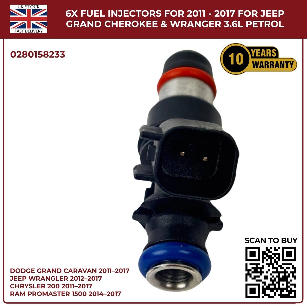 6× Fuel Injectors (0280158233) – Fits Chrysler 200, 300, Town & Country 3.6L V6 Pentastar (2011–2017)