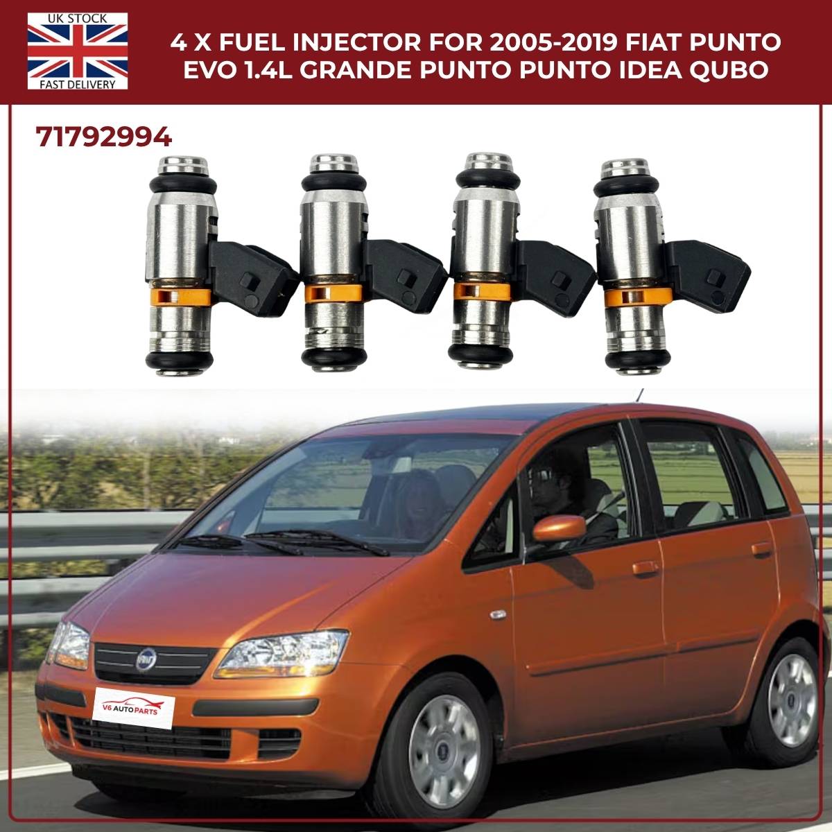 4x Fuel Injectors – Fits Ford Ka 1.2 (2009‑2019) & Fiat Punto Evo 1.4 Petrol – OEM 71792994