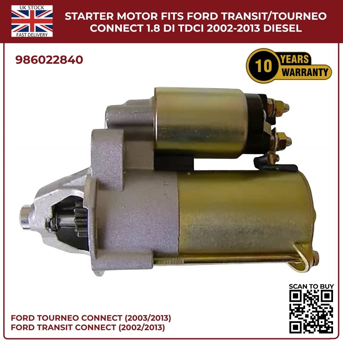 Ford Transit/Tourneo Connect 1.8 Diesel Starter Motor (2002–2013, DI/TDCi)