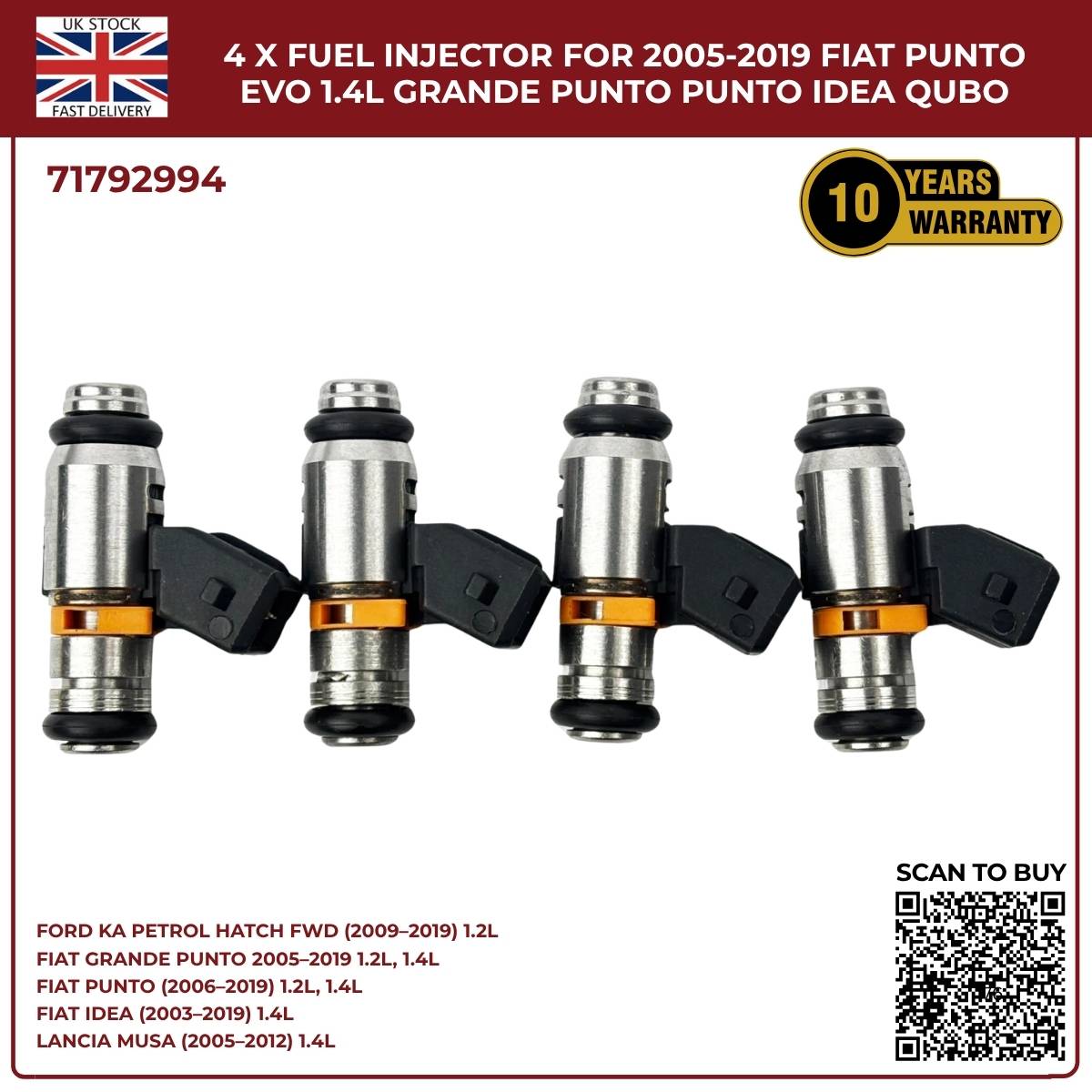 4x Fuel Injectors – Fits Ford Ka 1.2 (2009‑2019) & Fiat Punto Evo 1.4 Petrol – OEM 71792994