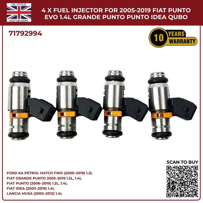 4x Fuel Injectors – Fits Ford Ka 1.2 (2009‑2019) & Fiat Punto Evo 1.4 Petrol – OEM 71792994