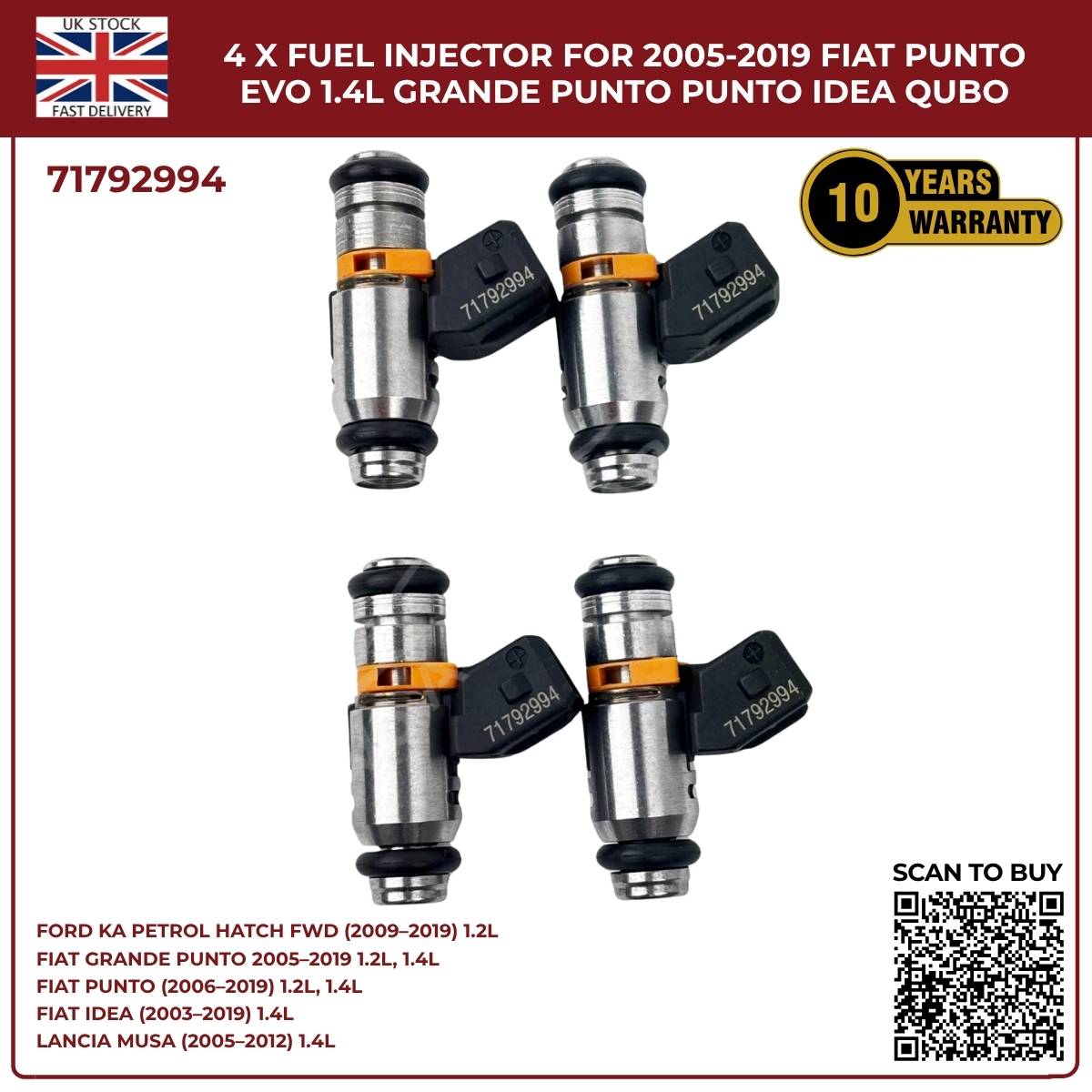 4x Fuel Injectors – Fits Ford Ka 1.2 (2009‑2019) & Fiat Punto Evo 1.4 Petrol – OEM 71792994