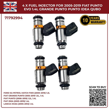 4x Fuel Injectors – Fits Ford Ka 1.2 (2009‑2019) & Fiat Punto Evo 1.4 Petrol – OEM 71792994