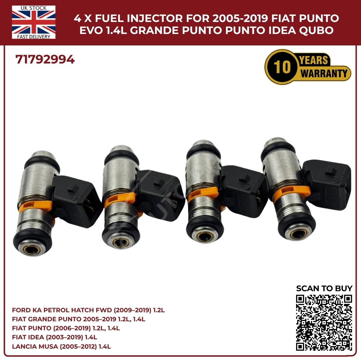 4x Fuel Injectors – Fits Ford Ka 1.2 (2009‑2019) & Fiat Punto Evo 1.4 Petrol – OEM 71792994
