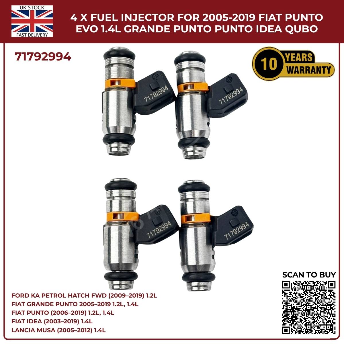 4x Fuel Injectors – Fits Ford Ka 1.2 (2009‑2019) & Fiat Punto Evo 1.4 Petrol – OEM 71792994