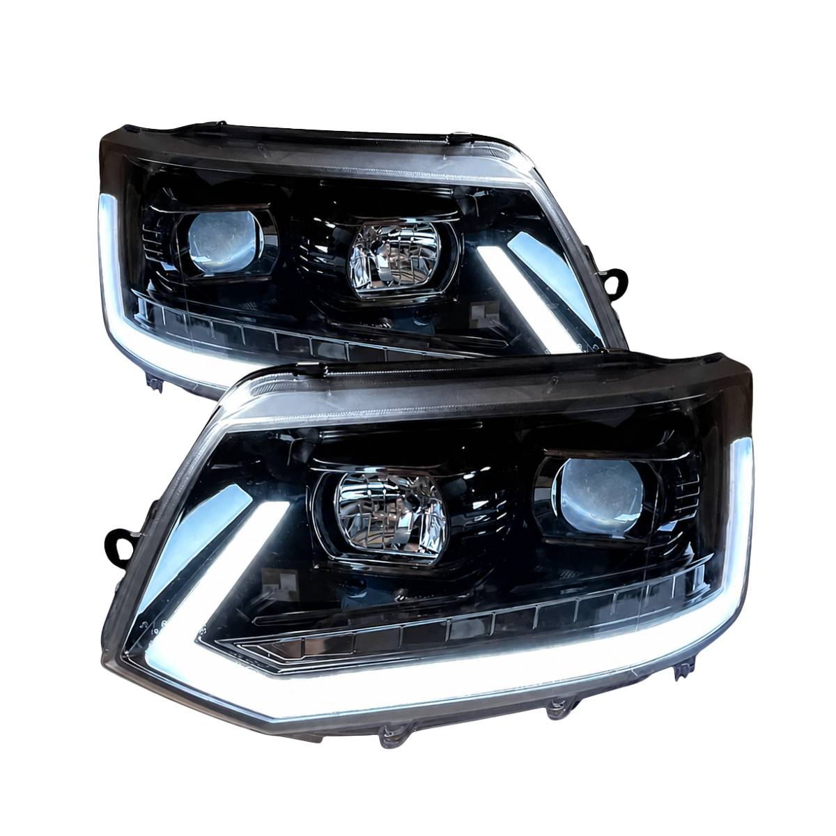 Black Dynamic LED Headlights with Sequential Indicators — VW Transporter T5 (2003‑2009, Facelift Models)