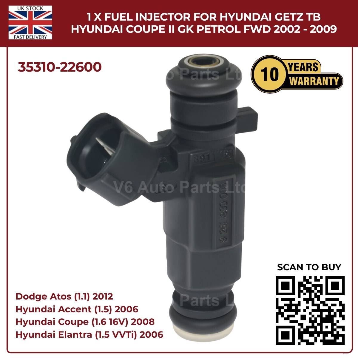 1 x Fuel Injector 35310‑22600 – Fits 2002‑2009 Hyundai Getz TB & Coupe II GK Petrol FWD