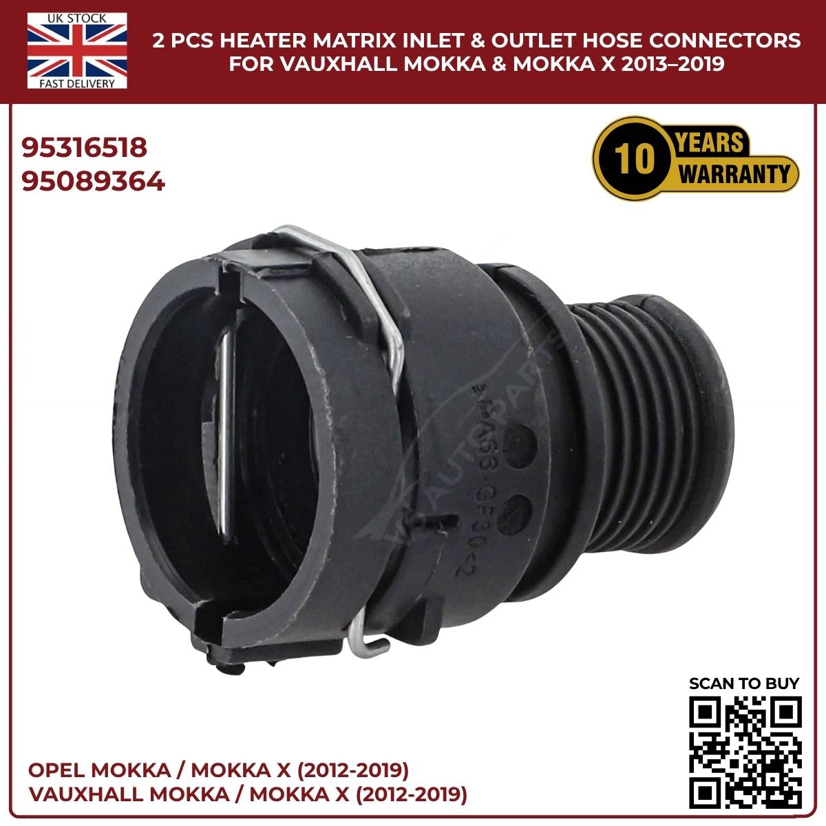 2 PCS Heater Matrix Inlet & Outlet Hose Connectors For Vauxhall ΜΟΚΚΑ Χ 2013-19