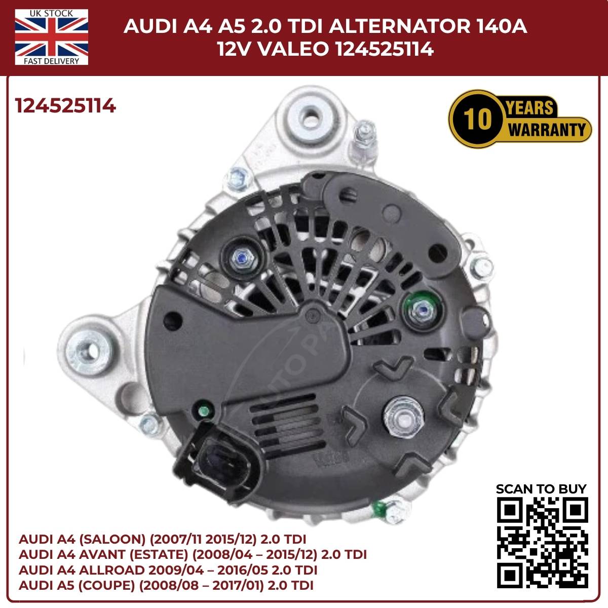 Bosch/VALEO Alternator 140A 12V – Fits Audi A4 A5 2.0 TDI – Part No. 0124525114