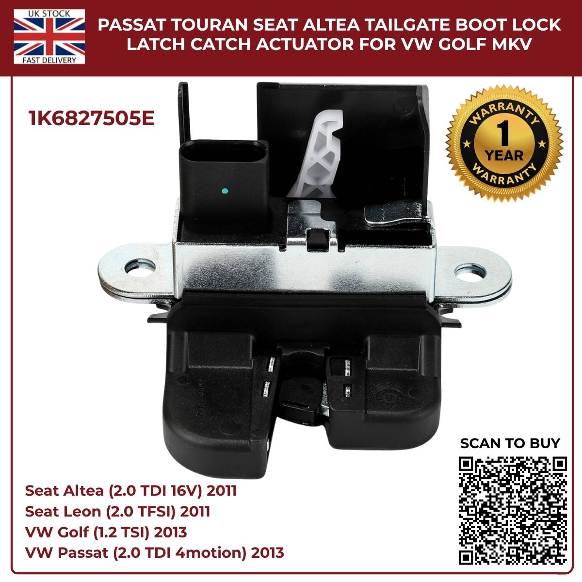 Tailgate Boot Lock Latch Catch Actuator – Fits VW Golf Mk5 Mk6, Passat, Touran, Seat Altea Leon Toledo