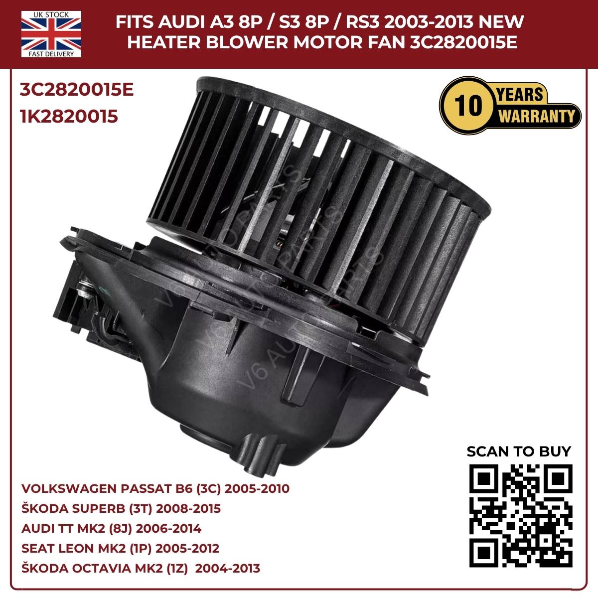Heater Blower Motor Fan For Audi TT MK2 2006–2014 / A3 8P S3 – OEM 1K2820015A, 3C2820015E