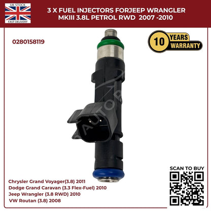 3x Fuel Injectors 0280158119 – Fits 2007–2010 Jeep Wrangler MKIII 3.8L Petrol RWD | OE Replacement