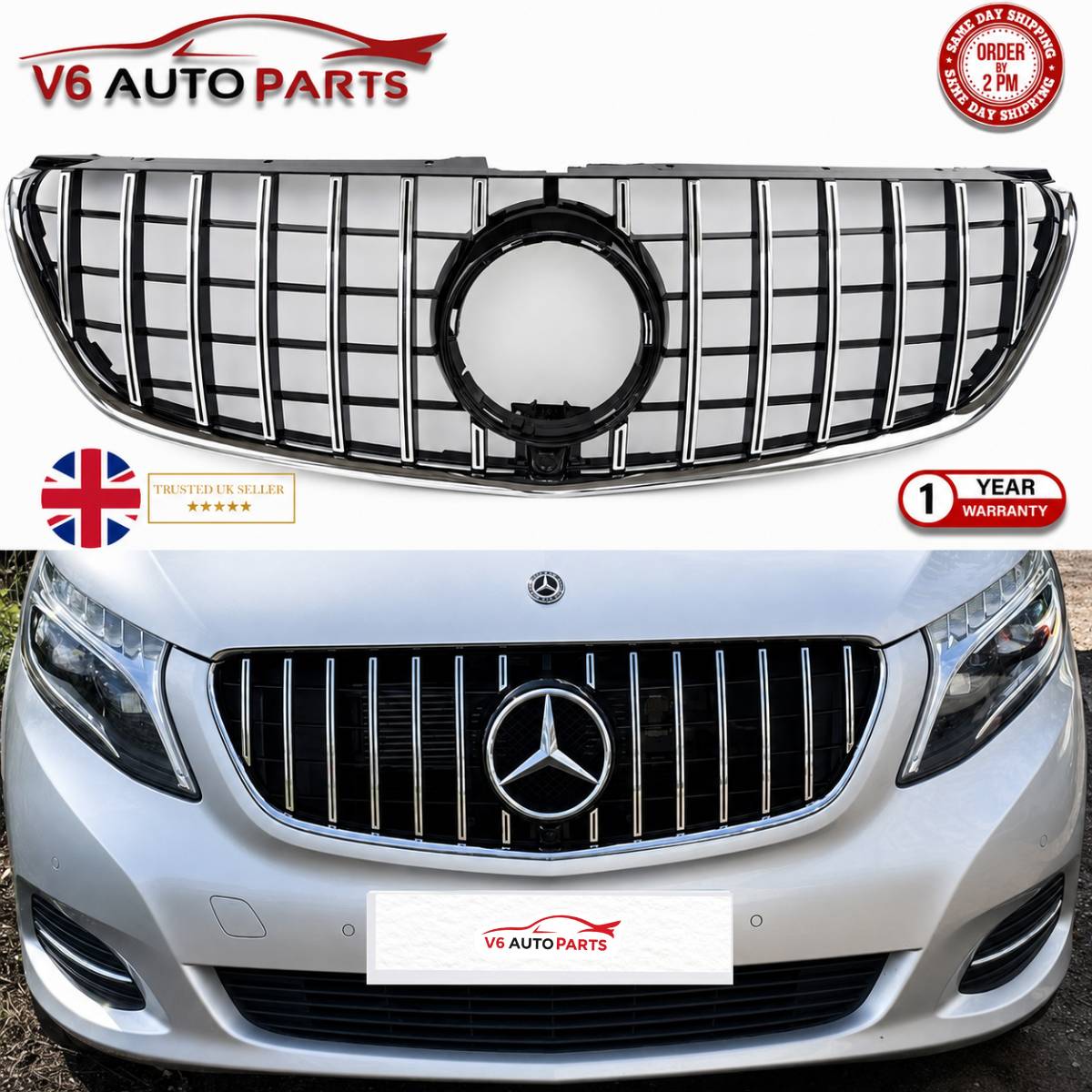 For Mercedes V-Class V250/V260 GT Grille – Black Slats Chrome Panamericana (2015–2023)
