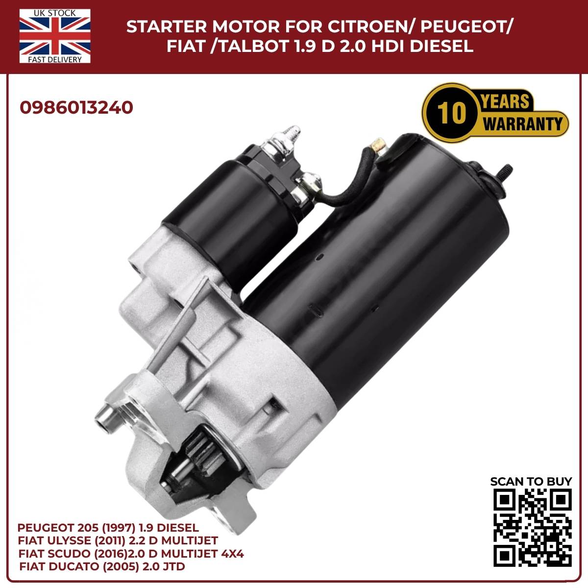 Starter Motor for Citroen / Peugeot / Fiat / Talbot – 1.9D & 2.0 HDI Diesel | Ref 0986013240
