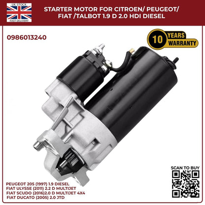 Starter Motor for Citroen / Peugeot / Fiat / Talbot – 1.9D & 2.0 HDI Diesel | Ref 0986013240
