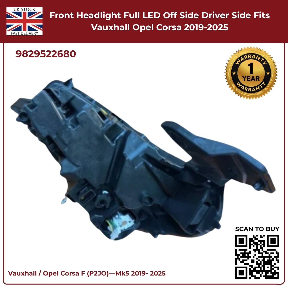 Image of Vauxhall Corsa F RH Front Headlamp Full LED Replacement 9829522680