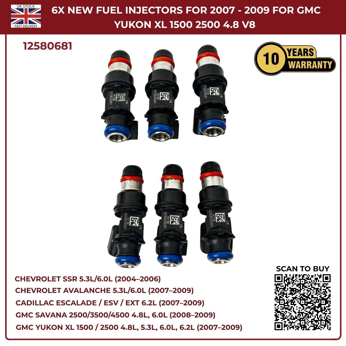 Set of 6 High-Flow Fuel Injectors | Fits 2005–2006 Chevrolet SSR 5.3L & 6.0L V8 Petrol | OEM 12580681 Replacement